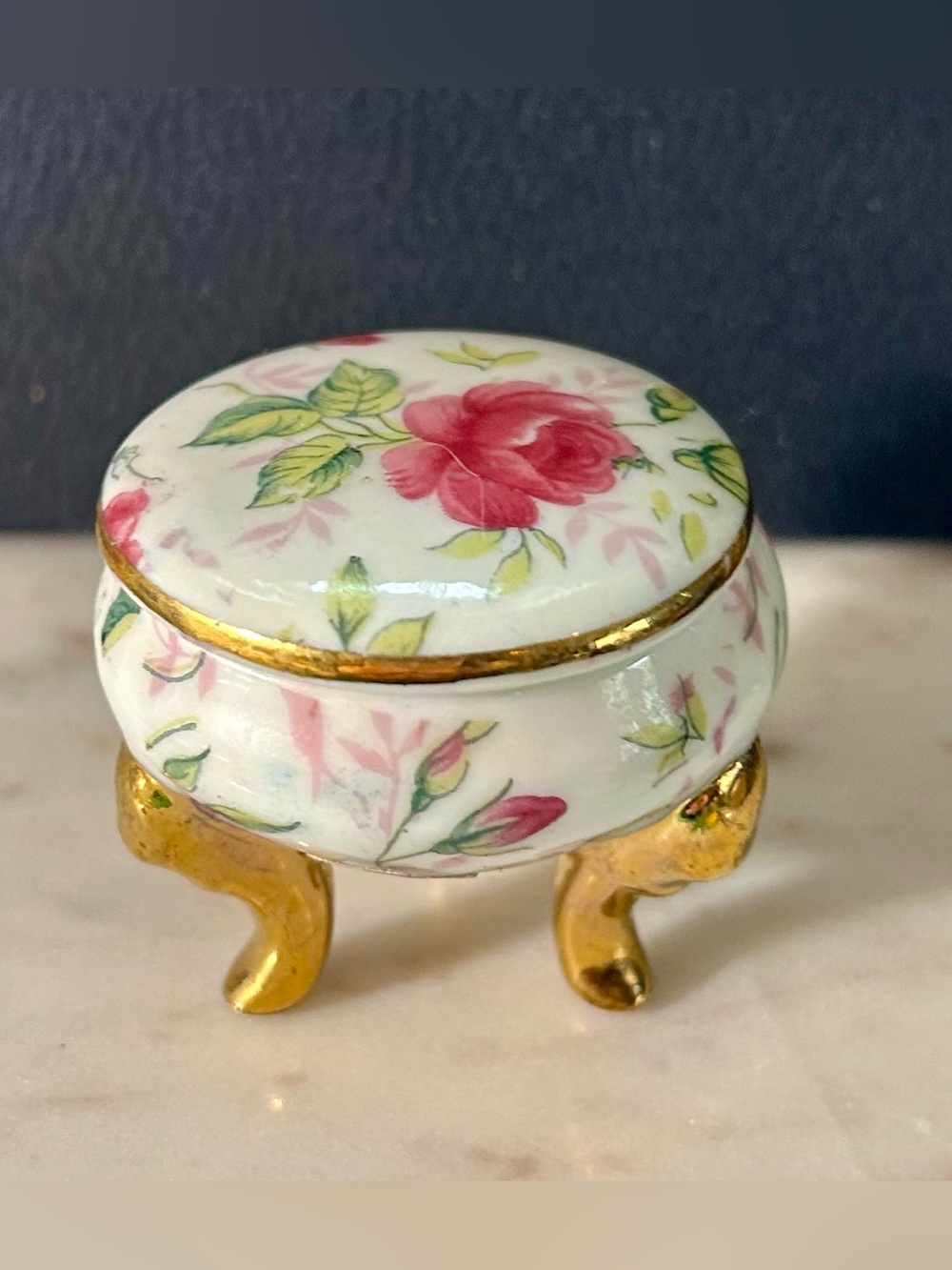 Vintage Lefton Floral Lidded Porcelain Trinket Box